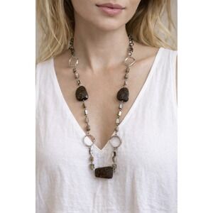 Jasper and Mother of Pearl Shell Statement Necklace Brown Silver Tone Long Boho